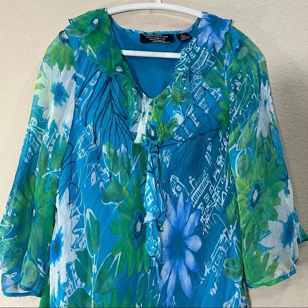 NEW YORK CITY DESIGN CO VTG SZ XL 100% SILk TOP PULLOVER MULTI BLUE RUFFLE BOHO - Picture 5 of 9